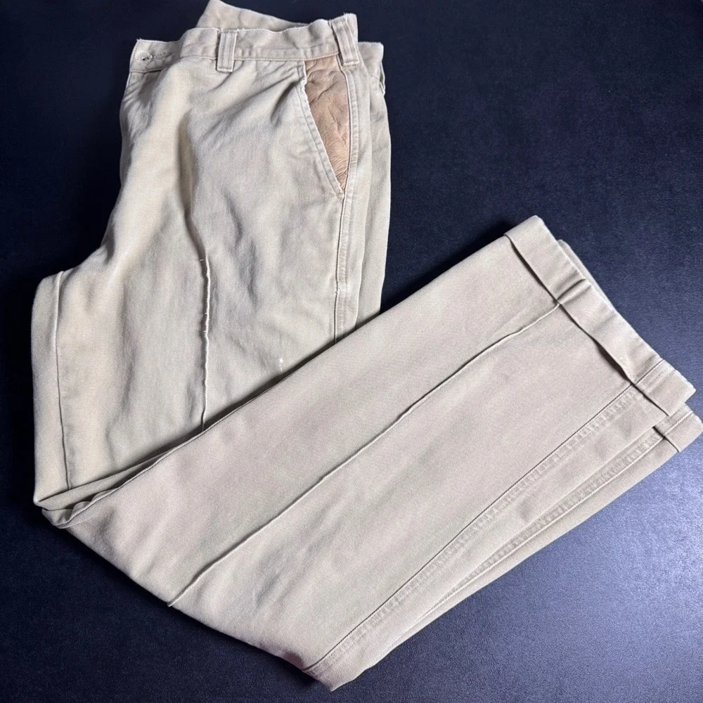 Orvis Trousers Mens 34 Khaki Tan Solid Leather Trim Cotton Twill Cuffed Vintage